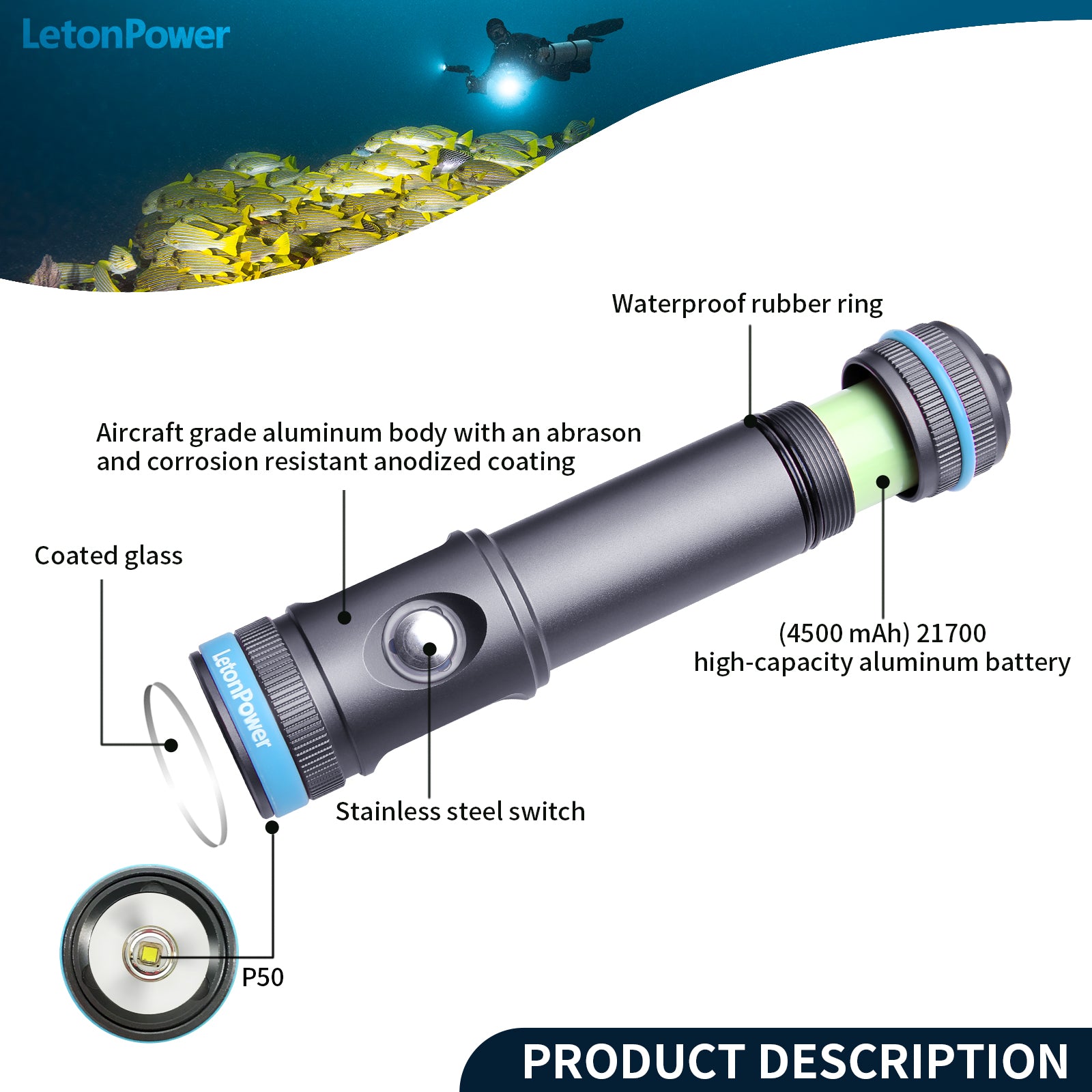 LetonPower Dive Lights | Underwater Video Lights | Tynny-13FD