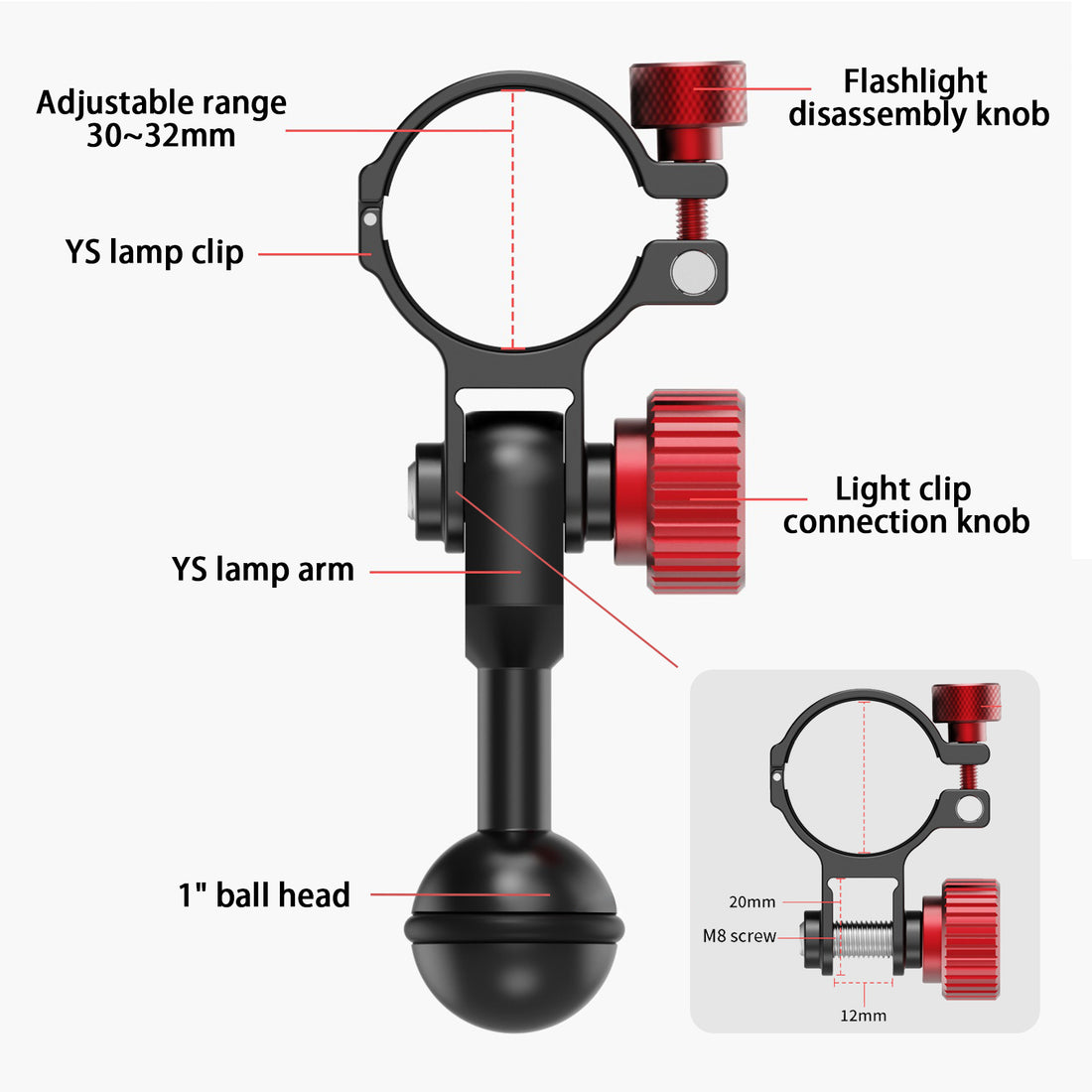 LetonPower 1" Ball Head to YS Clamp Dive Light Adapter