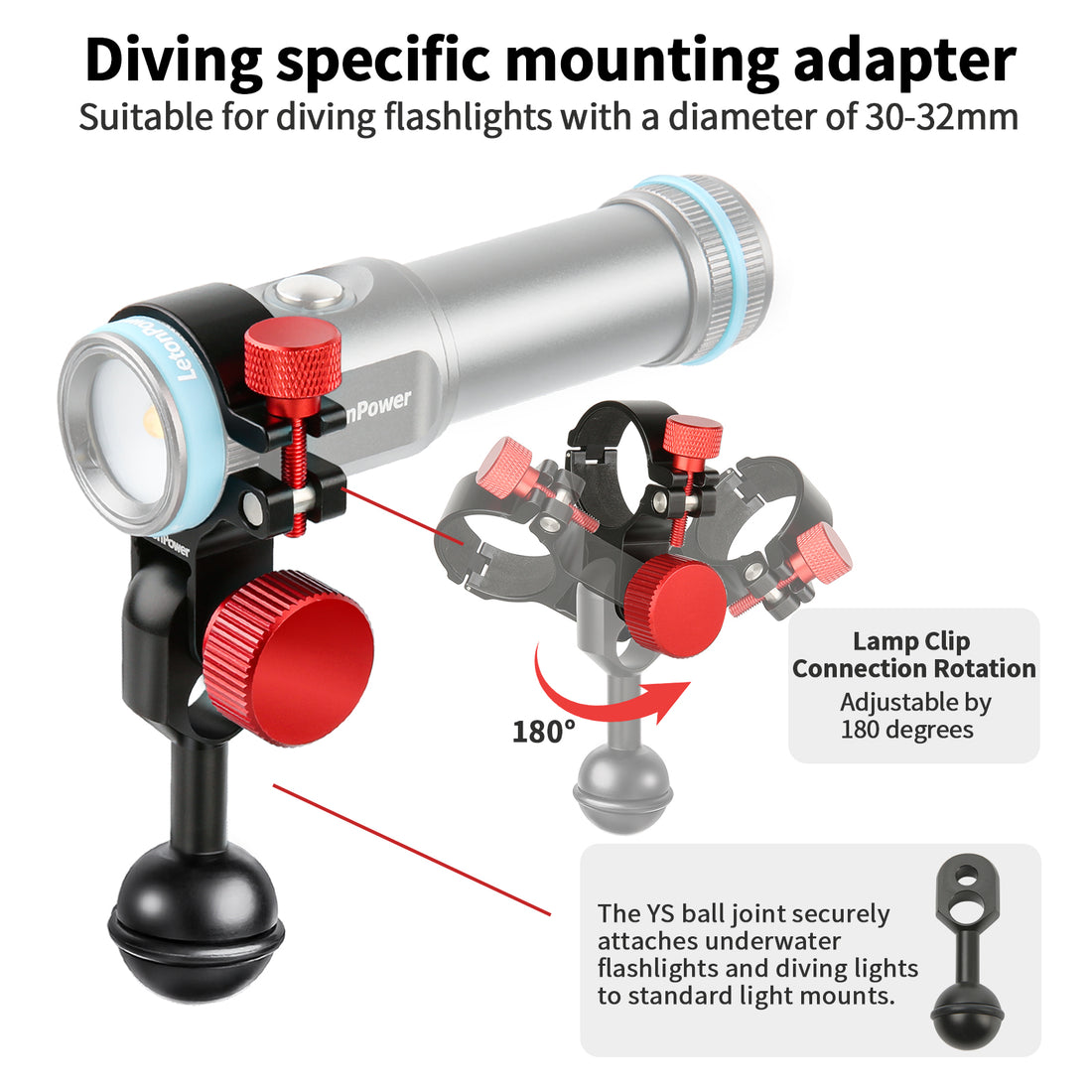 LetonPower 1" Ball Head to YS Clamp Dive Light Adapter