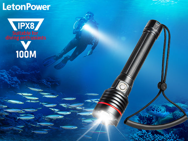 best rechargeable flashlight scuba OrcaTorch D570-GL 2.0 1500 Lumens Dive Light And Green Laser resistant depth rating of 150 meters and a robust aluminum construction LetonPower Submariner-26S Diving Flashlight -