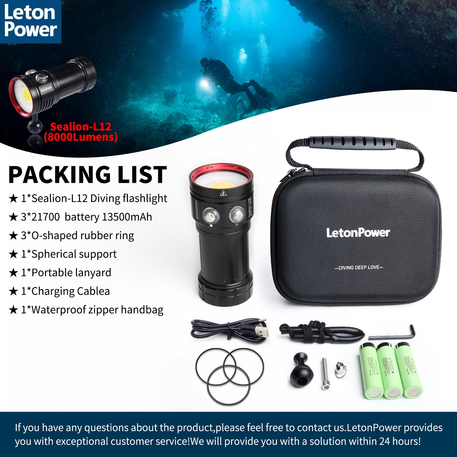 LetonPower Sealion L12 Replaceable-Battery Underwater Video Light